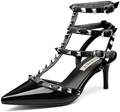 CHRIST Women's Studded Kitten Heels Sandals Pointy Toe Buckle Slingback Studs Leather Dress Pumps 5-13 US