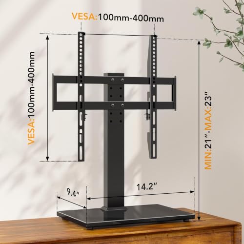 Support TV Universel de Table pour écrans LCD/LED 27 à 55 Pouces – Base en Verre trempé avec Gestion des câbles, Hauteur réglable sur 6 Niveaux, Compatible VESA 400 x 400 mm