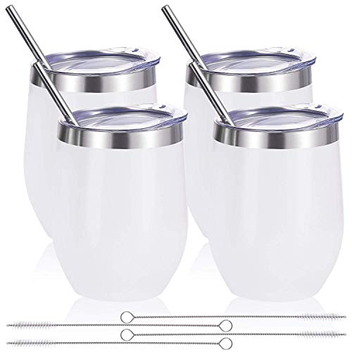 4 Pack 12 oz Stemless Wine Tumbler Glasses/Mug with Lid and Straw, Personalized Stainless Steel Insulated Wine Tumbler by BYkooc, Unbreakable Double Wall Vacuum Cup for Wine, Coffee, White