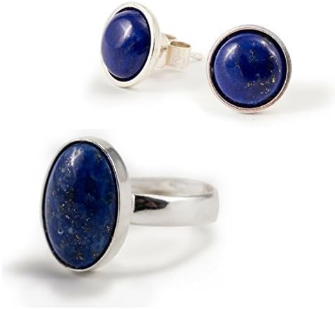 Lapis Lazuli Jewelry Set with Ring and Stud Earrings in Sterling Silver, Adjustable size