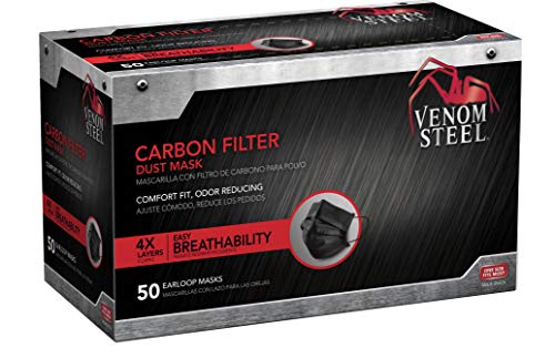 Venom Steel Carbon Filter Dust Mask, Black Face Mask Protects From Dirt, Dust & Pollen, Individually Wrapped, 50 Count