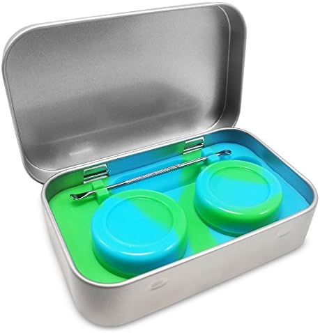 DAB Wax discrete Tin, 2-5ml Silicone Dab Container Jars, Stainless Steel Wax Dabber - FREE extra dabbing tool and carrying case (Blue Green)