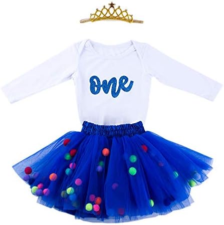 Baby Girls 1st Birthday Outfit Glitter One Romper Balls Skirt Crown Headband