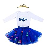 Baby Girls 1st Birthday Outfit Glitter One Romper Balls Skirt Crown Headband (Blue01, 9-12Months)