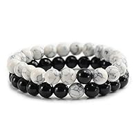 Zozu 2 Pcs/set Trendy Natural Stone White and Black Yin Yang Beaded Bracelets Charm Beads Strand Couples Friendship Distance Bracelet (White and Black)