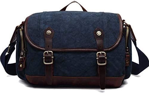 Mens Vintage Canvas Leather Messenger Bag with Dslr Camera Case Insert Canon/Nikon/Sony Digital Slr Camera Bag by FireRainbow (Blue)