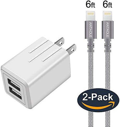 iPhone Charger, ANTAOLE Dual Port Travel Wall Power Adapter 2.4A 12W with Nylon Braided Lightning Cable[2-PACK] 6feet USB Data Charge Sync Cable for iPhone X/8/7/6/6S/Plus/SE/5/5S, iPod, iPad