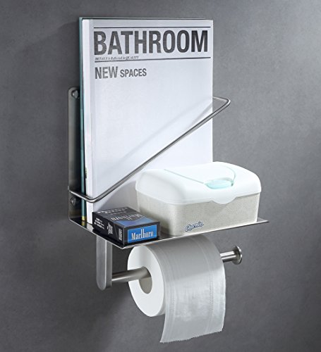 Toilet Paper Holder with Magazine Rack SUS304 Stainless Steel Bathroom Tissue Dispenser Newspaper Storage Organizer Shelf, Brushed Nickel