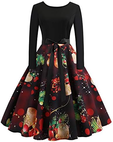PASATO Christmas Women's Long Sleeve O Neck Printing Vintage Gown Evening Party Dress Skirt
