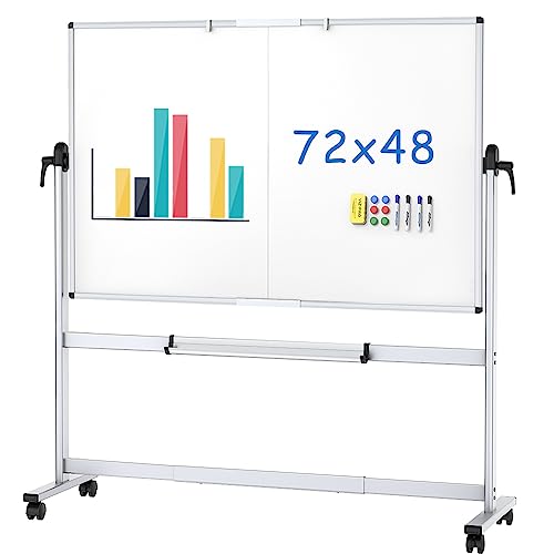 VIZ-PRO Double-Sided Mobile Whiteboard, 72 x 48 Inches, Magnetic Rolling Dry Erase White Board on Wheels with Aluminium Frame and Stand