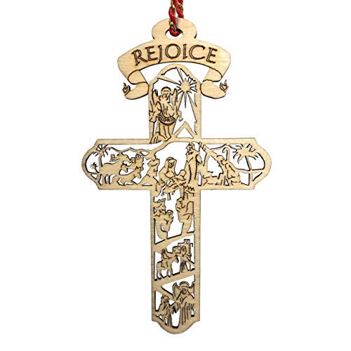 Jolette Designs Nativity Cross Christmas Ornament Gift, Real Wooden Decor for Tree, Office, Car. Unique Wood Holy Family Scene Gifts, 4.5X 2.625, Made in USA, Keepsake Tells The Whole Christmas Story