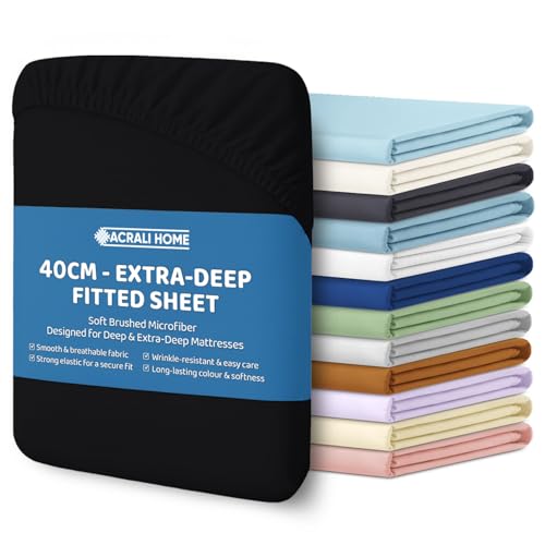 ACRALI HOME Double Fitted Sheet, 40cm Extra Deep Pocket, Microfiber Black Bottom Sheet for Double Bed - Easy Care Hotel Quality Soft Bedsheet - Breathable Shrinkage and Fade Resistant