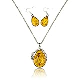 VTG Tibet Silver Yellow Artificial Amber Necklace Hook Earrings Teardrop Pendant Sets