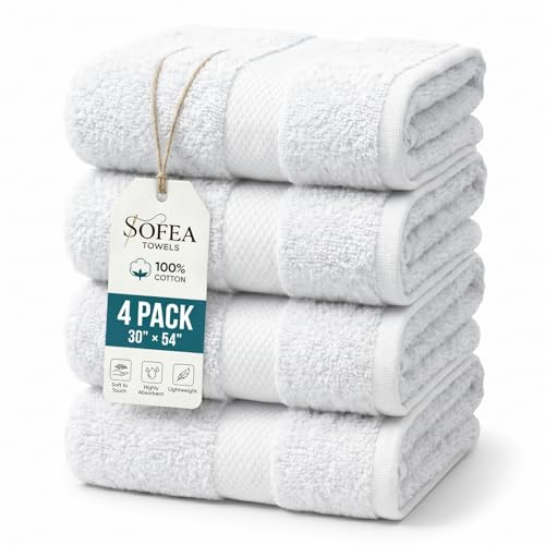 Sofea Bath Towels 4 Pack (30 x 54 Inches), 100% Cotton Towels