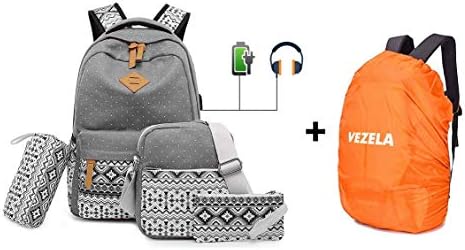 Vezelaยฎ Set of 4 Casual Vezela 4Pc Combo of Laptop Bag with USB Charging Feature with Lunch Bag, Pencil Case & Pouch-Backpack for School/Collage with Padded Panels (Grey with Rain Cover)