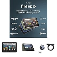 Fire HD 10 Tablet (32 GB, Olive, Ad-Supported) + Amazon Standing Case (Olive) + Nupro Anti-Glare Screen Protector (2-pack) + 15W USB-C Charger