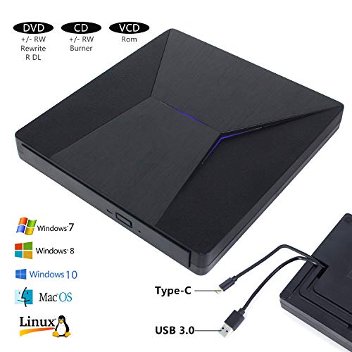 USB C External CD DVD Drive, Dual USB Type C/USB 3.0 Superdrive Optical Drive Portable CD/DVD +/-RW Burner Compatible for Mac OS Windows Linux Chromebook MacBook