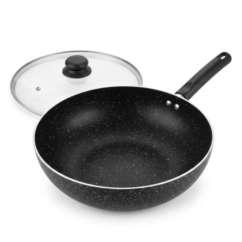 11-Inch Nonstick Flat-Bottom Wok with Glass Lid, Induction Stir-Fry and Saute Pan