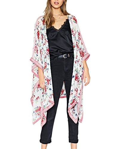 Chunoy Women Fashion 2018 Summer Floral Print Kaftan Kimono Cardigan Loose Cover up White Medium