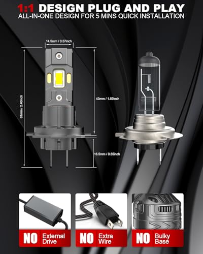 Tongruiting H7 LED Headlight Bulb, 110W 40000LM 6500K White H7 Headlight Bulb with Fan, 900% Brighter 1:1 Size Car H7 LED, Plug and Play Easy Installation, Pack of 2