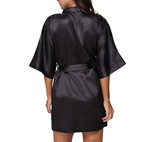 DEATU Womens Dress, Ladies V-Neck Bandage Satin Sleepwear Casual Comfy Solid Half Sleeved Mini Dress(Black ,L) - Thumbnail 4