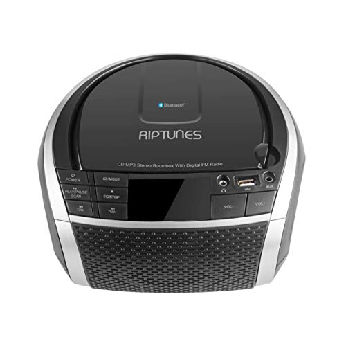 RIPTUNES Stereo Boombox, Portable MP3 CD Player, Bluetooth, Radio FM, Digital LED Display, USB Playback, 3.5mm AUX Input (Cable Included) and Headphone Jack, Black