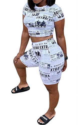 Women Casual Letter Print Crewneck Tshirts Crop Tops High Waist Bodycon Two Piece Shorts Set Tracksuits White - Thumbnail 3
