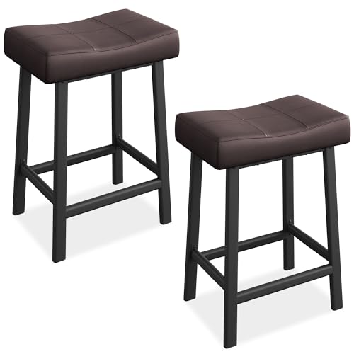 Garvee 61cm Counter Height Bar Stools, Faux Leather Saddle Seats with Black Metal Legs, Modern Upholstered Kitchen Island or Dining Counter Stools, Set of 2, Brown