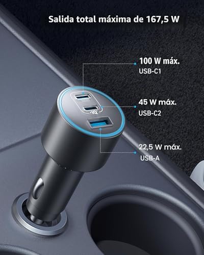 Cargador de Coche USB C 167,5W con 3 Puertos