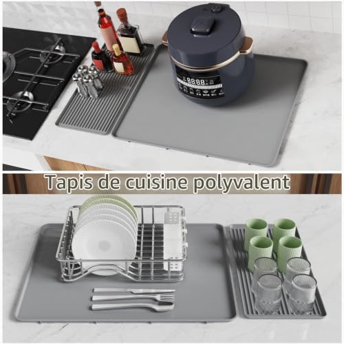 Tapis de Bar en Silicone pour Café- Tapis Anti-Dérapant 2-en-1 pour Séchage et Protection Contre la Chaleur - pour Machines à Café, Égouttoirs et Blenders (Gris-50 * 40cm)