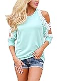 Elapsy Womens Casual Floral Lace Trim Crochet Cold Shoulder Long Sleeve Tops Crewneck Shirts Mint Medium