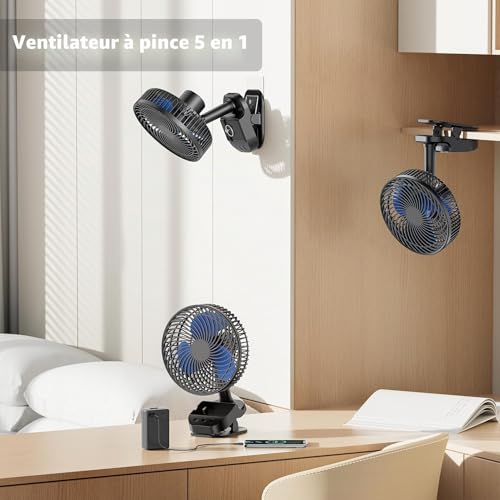 ATEngeus USB Clip Fan, 10000 mAh Rechargeable Battery Fan, 5 Speeds Camping Fan, Multi-Angle Rotation, Timer with Clip and Hook for Baby Stroller, Office