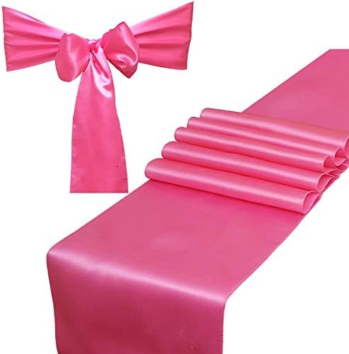 Combo Pack - 2 Satin Table Runners 12 x 108 inch & 10 Chair Sashes for Wedding Banquet Decoration, Bright Silk and Smooth Fabric Party Decor (Combo 2 Table Runner + 10 Chair Saches, Hot Pink)