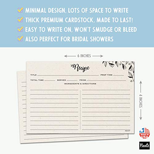 Spacious Recipe Cards - 50 count, 4x6" Double Sided. Thick Card Stock. Perfect for Recipe Box & Recipe Binder. Minimal Floral Kraft-Like Design