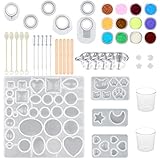 SUBANG 15 Pack Jewelry Casting Molds Silicone Resin Jewelry Molds with 5 Wooden Stick, 5 Plastic Spoons, 5 Plastic Droppers, 4 Cups and 1 Glitter Powder Sequins