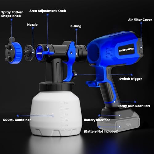 Cordless Paint Sprayer Compatible with Dewalt 20V MAX Battery, Electric Spray Paint Gun with 3 Spray Patterns & 4 Nozzles, 1200ml HVLP Spray Gun with Brushless Motor for House Painting (No Battery)