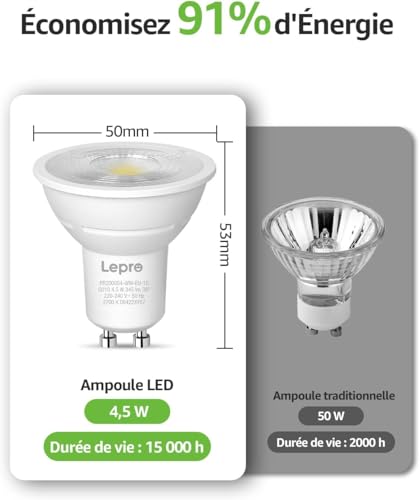 Lepro GU10 Dimmable LED Bulb, 4.5W Equivalent 50W, Warm White 2700K, 345lm, 38° Narrow Beam, Dimmable Lamp 220-240V, Pack of 10