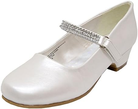 Girls Heels Girls Dress Shoes Low Heeled Mary Jane Pumps with Rhinestones for Wedding,Party,Pageant,Event.(Toddler/Little/Big Kid) (13 M US Little Kid Ivory)