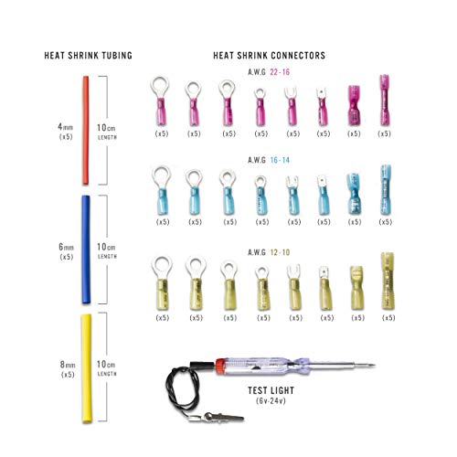 Heat Shrink Wire Connector Kit (136 Piece Set - Electrical Connectors, Heat Shrink Tube, Test Light, and Case) Electrical Connectors for Automotive & Marine Mechanics - AWG 22-16, 16-14, 12-10