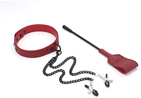 Bekinky PU Leather Neck Collar Choker with Clamps Riding Crop Horse Whip Set, 2PCS