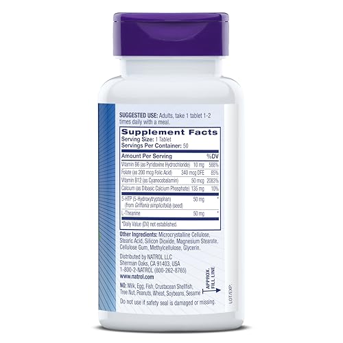 NATROL MOOD POSITIVE 5-HTP 50MG WITH L-THEANINE, VITAMIN B6, VITAMIN B12 AND FOLATE, DIETARY SUPPLEMENT HELPS SUPPORT A POSITIVE MOOD, 50 TABLETS, 25-50 DAY SUPPLY