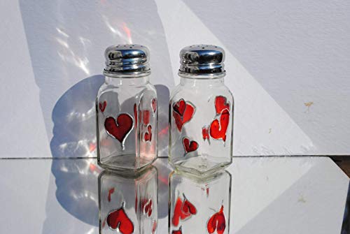 Red Hearts Hand Painted Glass Salt and Pepper Shakers Set