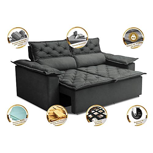 Sofá 3 Lugares Retrátil e Reclinável Cama Inbox Compact 1,80m Velusoft Cinza