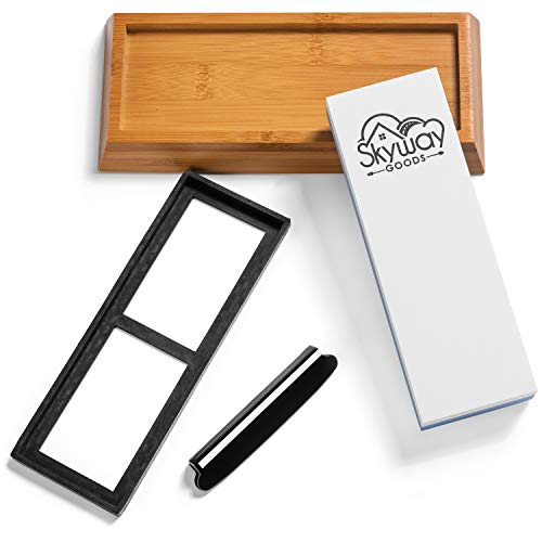 Skyway Goods Sharpening Knife Stone Set. Double Grit Whetstone 1000/6000, Angle Guide and Bamboo Base
