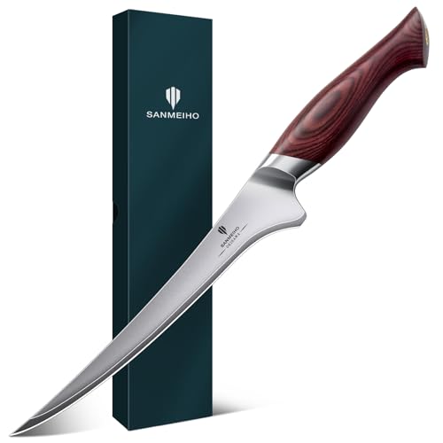 SANMEIHO OKINAWA Series Filleting Knife 18 cm, Sharp Boning Knife for Meat, Japanese 10Cr15Mov Super High Carbon Steel, Professional Kitchen Fish Knife with Flexible Blade and Ergonomic Pakka Wood | Japanischem 10Cr15Mov-Superhartstahl, Profi Fischmesser mit Flexibler Klinge und Ergonomischem Pakkaholzgriff- OKINAWA Series