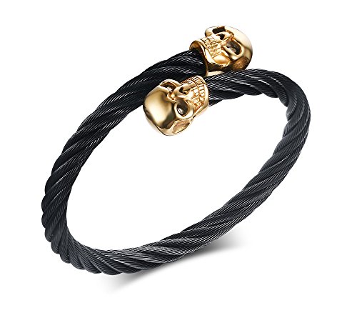 Stainless Steel Black Twisted Cable Wire Double Skull Adjustable Bangle Bracelets for Men, Gold Plated Skull Head