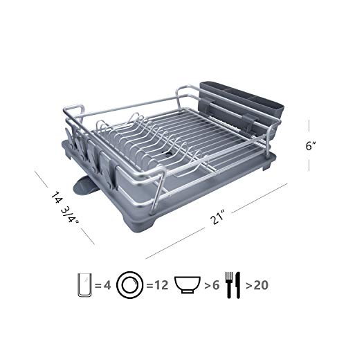 Evelyne GMT-10331 Aluminum Dish Drying Rack With Utensil Holder - Kitchen Countertop Rust Proof Dish Rack And Drainboard Set - Large Dish Organizer Rack
