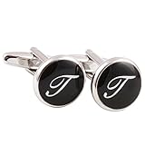 HJ Men's 2PCS Rhodium Plated Cufflinks Silver Initial Letter Shirt Wedding Business 1 Pair Set Black T