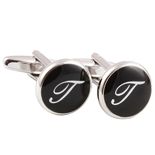 HJ Men's 2PCS Rhodium Plated Cufflinks Silver Initial Letter Shirt Wedding Business 1 Pair Set Black T
