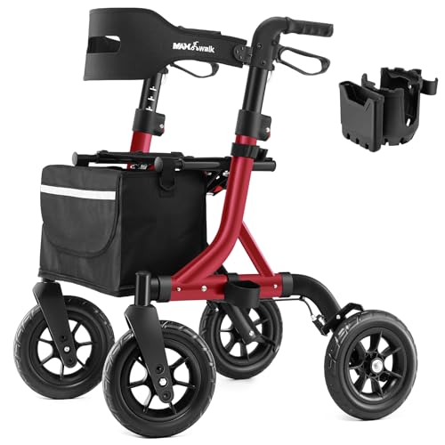 MAXWALK Rollator Foldable and Lightweight with Seat, 25 cm Rubber Non-Pneumatic Tyres for All Terrain, Integrated Pull Brake, Drink Holder, Height-Adjustable Aluminium Rollators